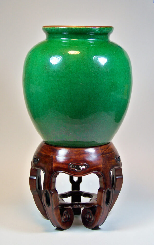 Chinese Apple Green Jar on Wood Stand