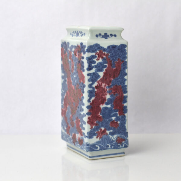 Chinese Blue and White Copper Red Dragons Amongst Clouds Vase side