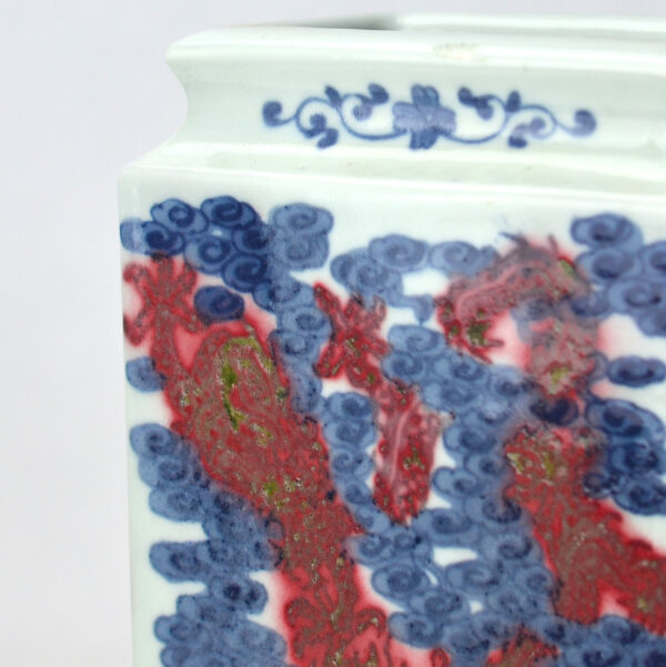 Chinese Blue and White Copper Red Dragons Amongst Clouds Vase detail